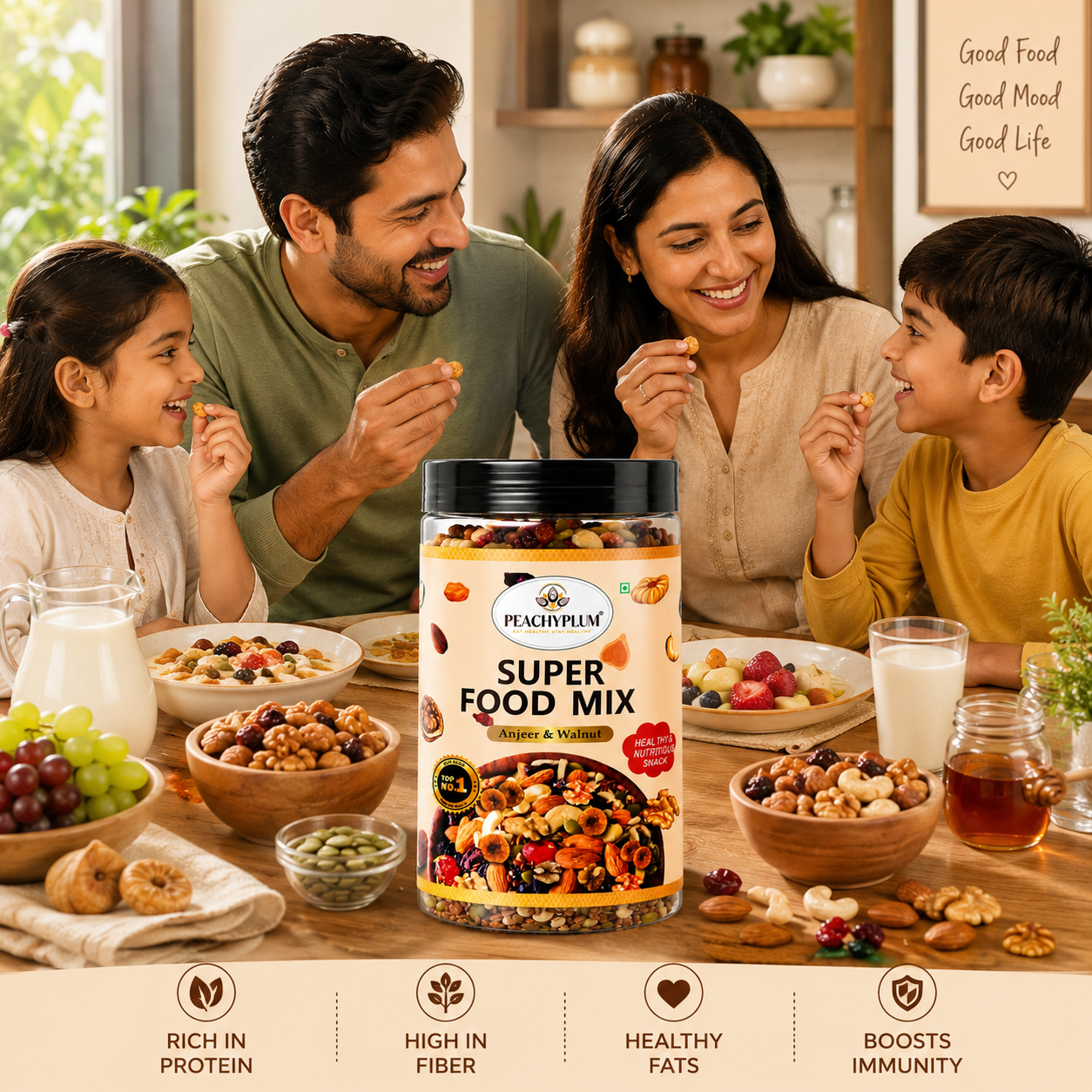 Super Food Mix – Premium Anjeer, Walnut, Roasted Almonds, Cashews & Seeds , PetCan Jar 500g