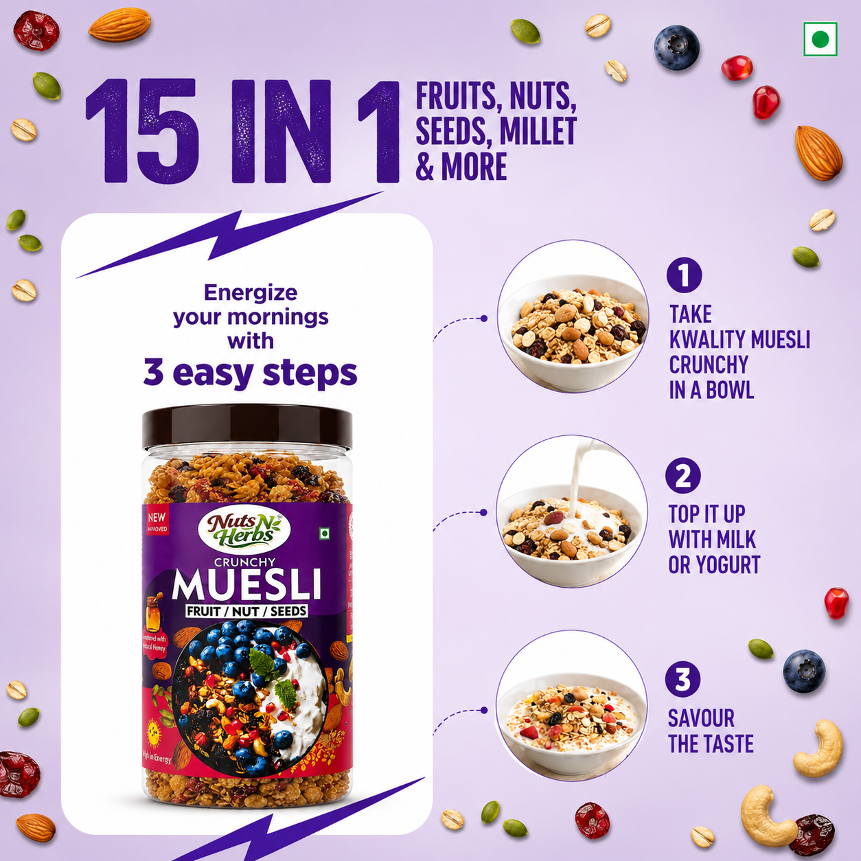 Muesli | Tasty &amp; Healthy Breakfast Cereal 400g, Dry fruit, Fruits & Nuts | Natural Breakfast | Crunchy